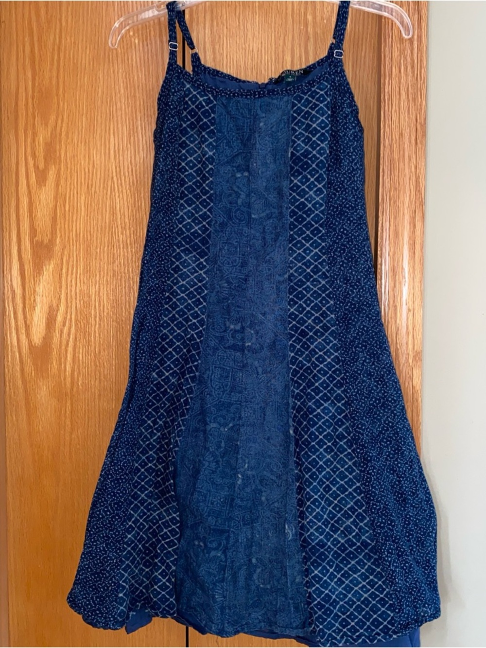Ralph Lauren Indigo Cotton Dress Womens Sz 4 Patchwork Boho Fit Flare Cottage